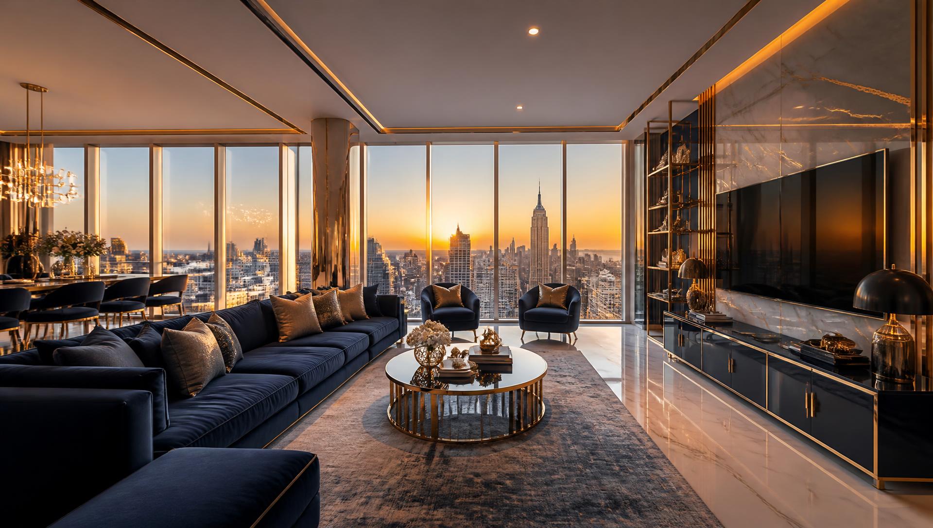 Salon d'un appartement de luxe avec vue panoramique sur la ville